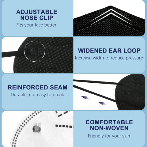 Black KN95 Face Masks 30 Pack, 5 Ply Breathable Comfort Cup Style Dust Safety Masks showing adjustable nose clip and ear loop features.