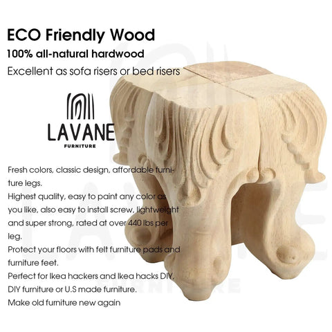 Premium Four Inch Solid Wood Furniture Legs European Carved Style set of four eco-friendly hardwood table risers for couches.