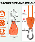 Diagram of orange ratchet showing size, 1 by 3.1 inches, with instructions and features like anti-corrosion and tear resistance.