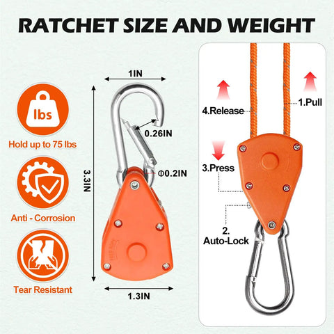 Diagram of orange ratchet showing size, 1 by 3.1 inches, with instructions and features like anti-corrosion and tear resistance.