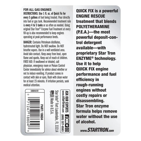 Instructions label for Fast Acting Fuel System And Injector Cleaner Quick Fix For Rough Idles Smooth Ride Gas Tank Additive.