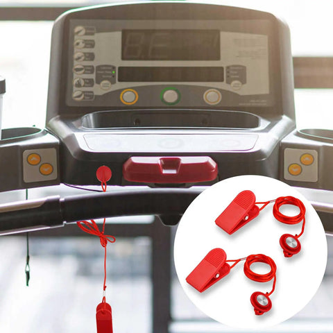Two Pack Universal Treadmill Magnetic Safety Key Replacement Stop Magnet shown attached to a treadmill with a close-up of keys