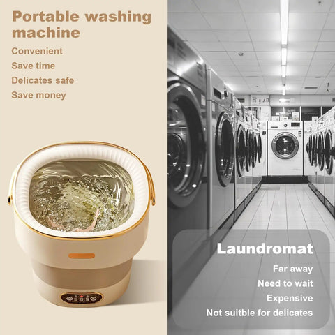 Portable Foldable Washing Machine 13 Liter Mini Washer With Spin Basket in use, cleaning delicates, compact design with a water-filled tub.