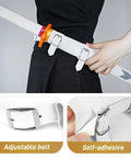 Person wearing white katana sword belt leather holder for Demon Slayer cosplay with adjustable sheath and clip detail.