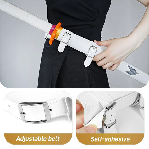Person wearing white katana sword belt leather holder for Demon Slayer cosplay with adjustable sheath and clip detail.