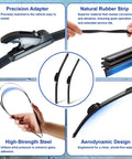 Premium 26 And 16 Inch Front Windshield Wiper Blades 2 Pack features precision adapter and natural rubber strip for Toyota models.