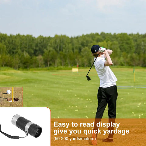 Golfer using rangefinder from the All In One Golf Gear Set With Leather Case Rangefinder Balls Tees Brushes Ball Markers Clips Divot Tool And Scoreboard Perfect Gift For Men And Women Who Live For The Course on a sunny day