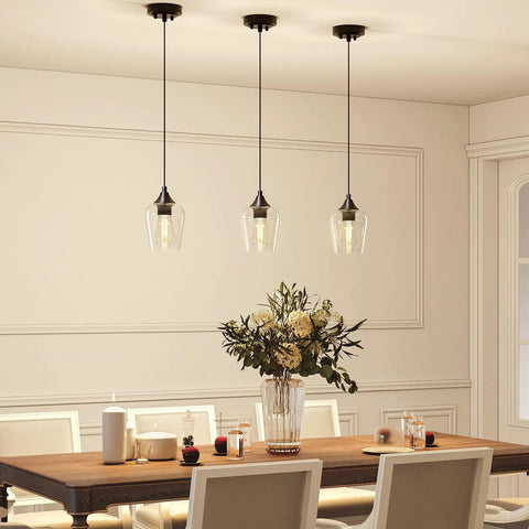 Matte Black Pendant Light For Kitchen Island With E26 Base And Adjustable Cable, Glass Cylinder Shade in dining area