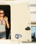 Beefy Marine Grade 316 Stainless Steel Door Stopper With Magnetic Hold installed on RV door