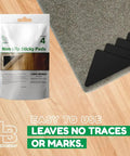 Non Slip Rug Pad Grippers Corner 4 Pack, Double Sided Self Adhesive, shown with package and applied to rug corner on hardwood floor.