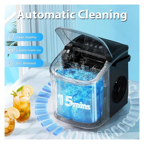 Countertop Ice Maker Portable Bullet Machine Makes Fresh Ice In Minutes with automatic cleaning feature and water reservoir.
