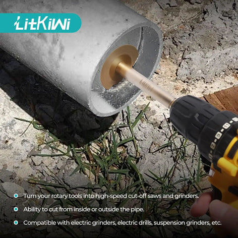 One Quarter Inch Hex Shank Diamond Cutting Blade Set With Two Discs For PVC Pipe Cutter And Glass Cutting in use on pipe