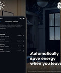 Smartphone displaying schedule settings for Wireless Motion Sensor With Ambient Light Detection over a dark room background.