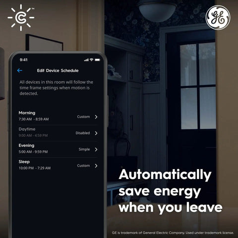 Smartphone displaying schedule settings for Wireless Motion Sensor With Ambient Light Detection over a dark room background.