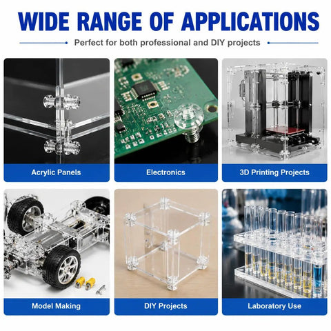 Wide range of applications for Dope Transparent M4x12mm Acrylic Screws With Matching Hex Nuts Kit, showcasing model building and electronics.