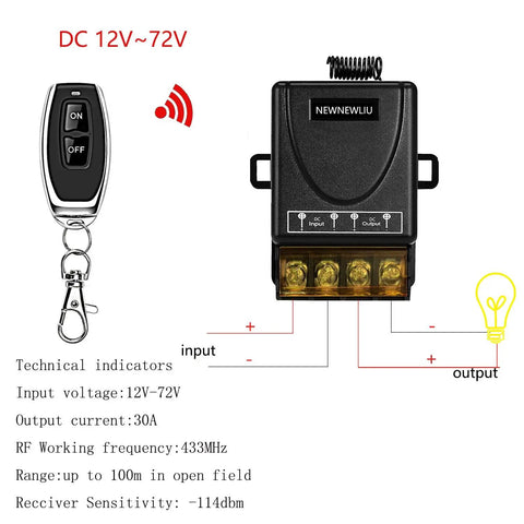 Heavy-Duty 12V Wireless Remote Switch With 30A Relay for DC systems, showing RF remote and receiver unit connections
