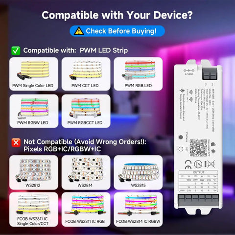 Compatibility chart for 5 In 1 WB5 WiFi PWM LED Controller with compatible and non-compatible LED strip types.