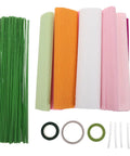 Crepe Paper Flower Kit With Floral Stem Wire And Tape Set For DIY Paper Flowers, Bouquet Craft Supplies, Durable Materials For Wedding, Party And Home Decor. Crepe paper rolls, green stem wires, tape, and glue sticks on white background