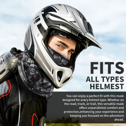 Two Pack Flame Resistant Face Mask Balaclava And Neck Gaiter Featuring Fireproof Layer That Hits Different For Industrial Tasks Motorcycle Rides And Wildfire Prep In Durable Camo Grey on a person wearing a helmet.