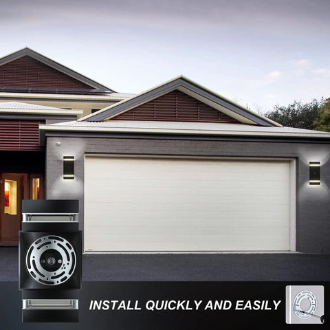 Modern house with installed Dusk To Dawn Outdoor Wall Lights Two Pack With UV Sensor, Up And Down Front Porch Sconces.