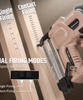 Real Badass Cordless 2 In 1 Brad Nailer And Stapler 18 Gauge shows dual firing modes on wooden boards.