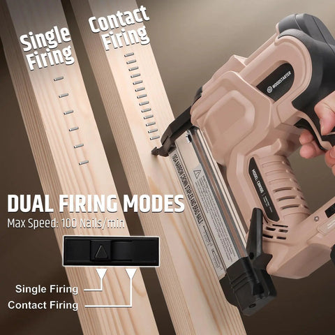 Real Badass Cordless 2 In 1 Brad Nailer And Stapler 18 Gauge shows dual firing modes on wooden boards.