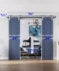 Installed Heavy Duty 8 Ft Brushed Nickel Double Sliding Barn Door Hardware Track Kit With J Pulley for two 24-inch wide doors.