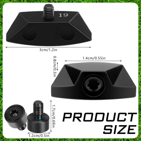 Premium Tungsten Golf Club Weights 19 Gram Adjustable Driver Heads dimensions and screw details on grass background.