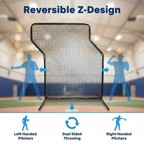 Baseball Z Screen Heavy Duty 7x5ft Portable Pitching Screen in batting cage, reversible Z-design for left and right-handed pitchers