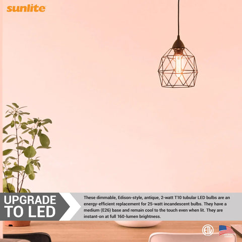LED Filament T10 Tubular Light Bulb 2 Watt Equivalent 160 Lumen Dimmable E26 Base Soft White 2700K Edison Style