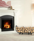 Curved Firewood Rack, 48-Inch Heavy Duty Log Holder For Indoor And Outdoor Use beside a lit fireplace