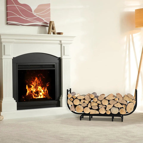 Curved Firewood Rack, 48-Inch Heavy Duty Log Holder For Indoor And Outdoor Use beside a lit fireplace