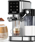Smooth Operator 20 Bar Espresso Machine With Automatic Milk Frother And Snappy Touchscreen brewing espresso with two cups and milk pitcher.