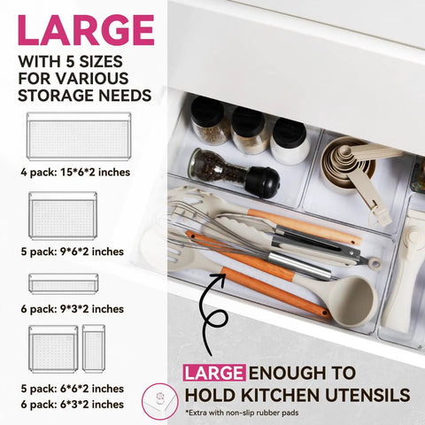 Big 26 Pack Drawer Organizer Bins In Clear Plastic, 5 Size Set For Utensils, Kitchen Tools, Makeup, Office And Bathroom Storage.
