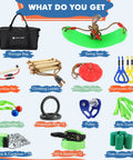 Components of Two In One Ninja Warrior Obstacle Course With Zip Line For Kids And Adults, including swing seat and climbing gear.