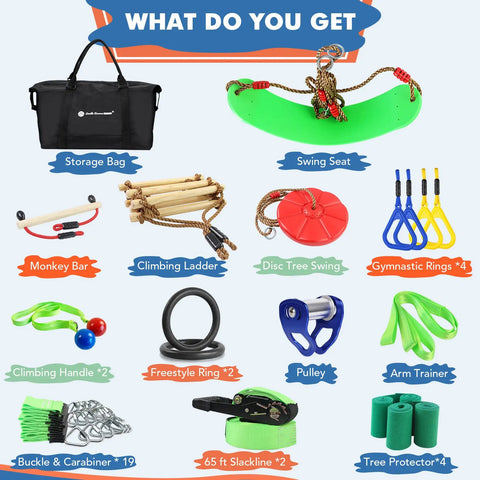 Components of Two In One Ninja Warrior Obstacle Course With Zip Line For Kids And Adults, including swing seat and climbing gear.