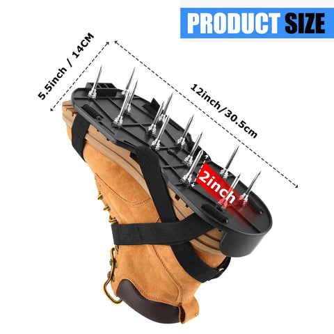 Heavy Duty Lawn Aerator Shoes With Adjustable Straps And 13 Spikes, 2-Inch And 1.5-Inch Spike Sizes, Sturdy Plastic Base, Rust-Resistant Metal Spikes, Perfect Aeration Footwear For Lawns, Gardens, And Courtyards showing spike length and dimensions.