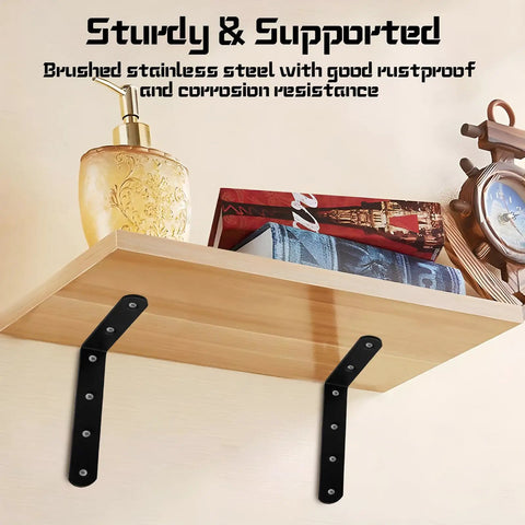 Installed Beefy Heavy Duty Stainless Steel L Brackets for Shelves Set of 4 with black finish supporting a wooden shelf