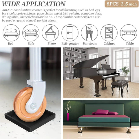 Top Shelf Rubber Furniture Coasters And Caster Cups Shield Hardwood Floors While Giving Your Couch Bed And Piano Legs A Ridiculously Firm Grip That Keeps The Whole Setup Tight Through Daily Life Pack Of 8 Black, featuring 3.5-inch rubber cups for various furniture.