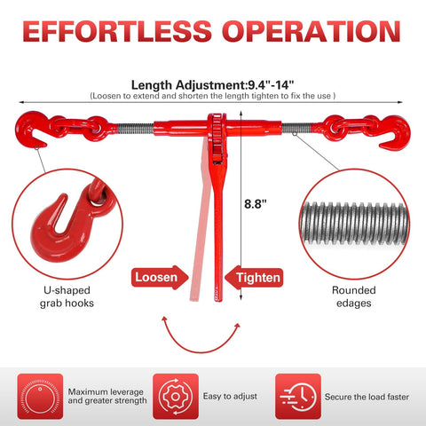 Effortless operation of Two Pack Ratchet Chain Binders With G80 Chain, showing length adjustment details and u-shaped hooks.