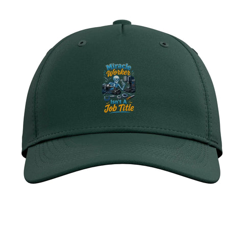 Classic Five Panel Dark Green Baseball Hat For Machinists And CNC Tools Fans With Adjustable Printed Vise Gauge Square Design, front view.