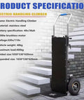 Heavy Duty Electric Stair Climber Hand Truck For Moving Heavy Gear Safely Over Curved Or Straight Steps With Telescopic Handle And 1200w Power Boosting Warehouse Logistics Hauling Loads Easily showing product specifications on steps.