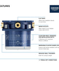 Rapido Universal Rough In Box For Shower Faucets With Quick Install And Plaster Guard Two Inlets One Half Inch NPT And Three Outlets One Half Inch NPT Integrated Flushing Plug Starlight Chrome Finish shown with labeled features.