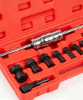 Heavy Duty Metal Bearing Extractor Blind Hole Puller Removal Tool Kit With Deep Reach Hardened Collet Adjustable Screw Set Grabbing Eight To 32 Millimeter Inner Dia Tight Grasp No Slip Smooth Motorcycle Water Pump Bearing Removal Fix Now in red case