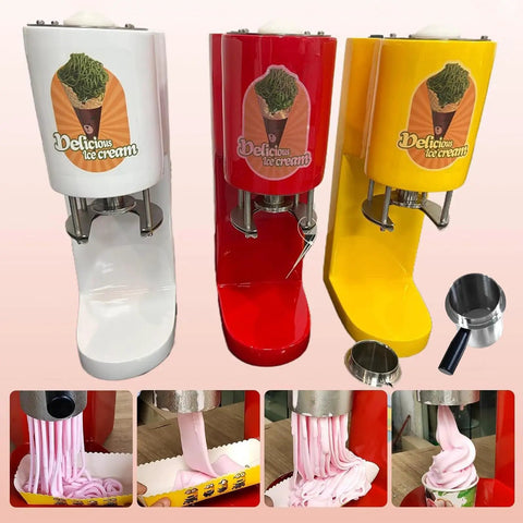 Electric Ice Cream Press Machine With Four Interchangeable Stainless Steel Molds For Shops Easy Clean ABS Plastic 420ML Hopper in white, red, and yellow.