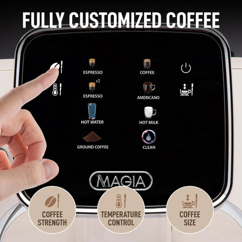 Close-up view of Automatic Espresso Machine With Built In Grinder And Touch Panel for Barista Quality Coffee settings.