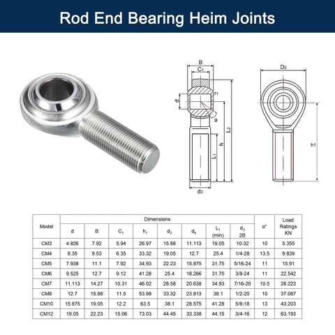 CM4 Rod End Bearing Heim Joints 1/4 X 1/4-28 Right Hand Male Thread With Jam Nuts 2-Pack High Strength Forged Steel Ball Joint For RC Cars, Robotics, And Machinery. Diagram and dimensions