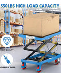 Double Scissor Lift Cart With 50 Inch Lift Height And 330 Lb Capacity, Non Slip Pad, in warehouse with box on platform
