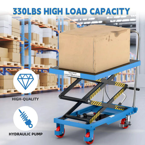Double Scissor Lift Cart With 50 Inch Lift Height And 330 Lb Capacity, Non Slip Pad, in warehouse with box on platform