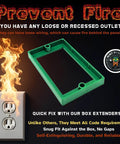 Three Eighths Inch Single Gang Outlet Box Extenders Pack Of Three, UL Listed Pro Grade Electrical Box Extenders For Outlets And Switches, Flush Mount With Wall, Gap Free, Safe Nonflammable Material, showing green extender with fire prevention warning.